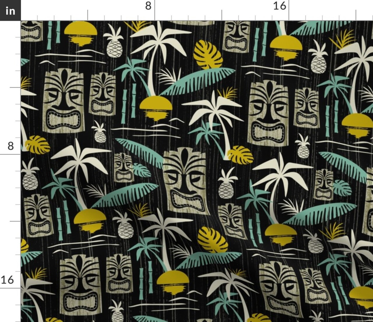 Island Tiki Black Tropical Midcentury Modern Vintage Retro Palm Tree Hawaiian Mid Century Summer Beach Aqua Trees Pineapple Custom Printed Fabric by Spoonflower Various Fabrics by the Yard or Fat Quarter